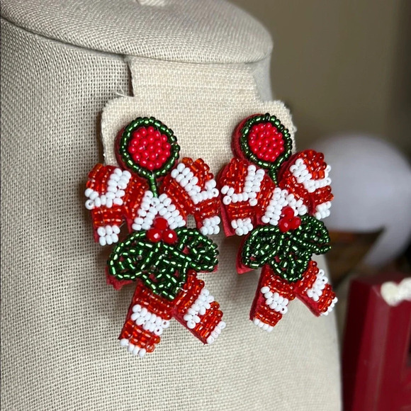Festive Beaded Candy Cane Christmas Earrings - Red, White, Green - Picture 3 of 4